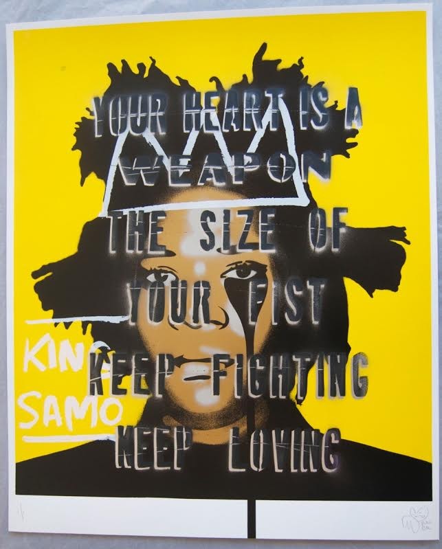 "KEEP LOVIN' SILVER & BLACK DROP SHADOW JEAN-MICHEL BASQUIAT'S NIGHTMARE" Hand-finished Print by PURE EVIL